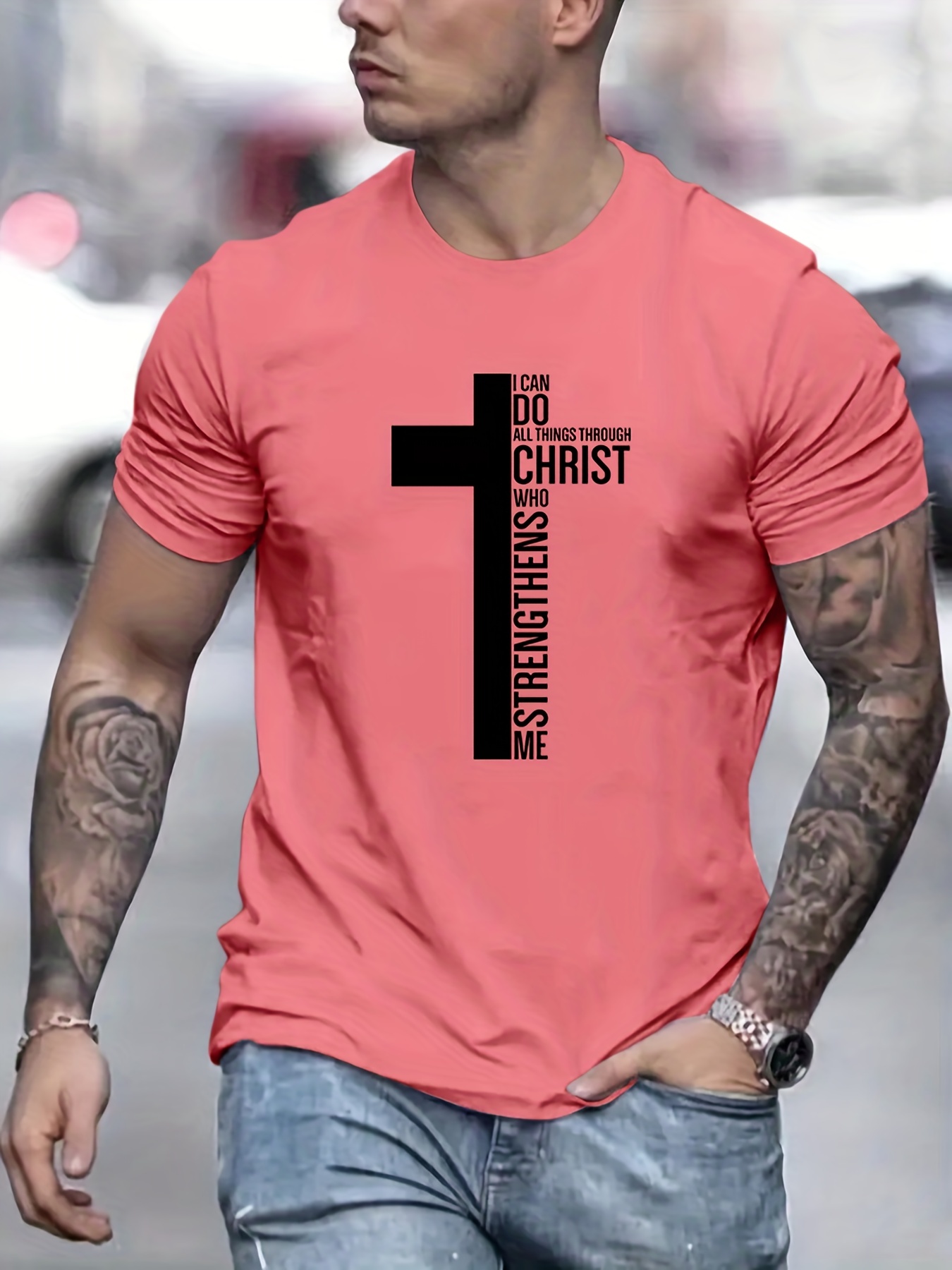 fashion cross graphic print mens creative top casual slightly stretch short sleeve crew neck t shirt mens tee for summer outdoor details 5