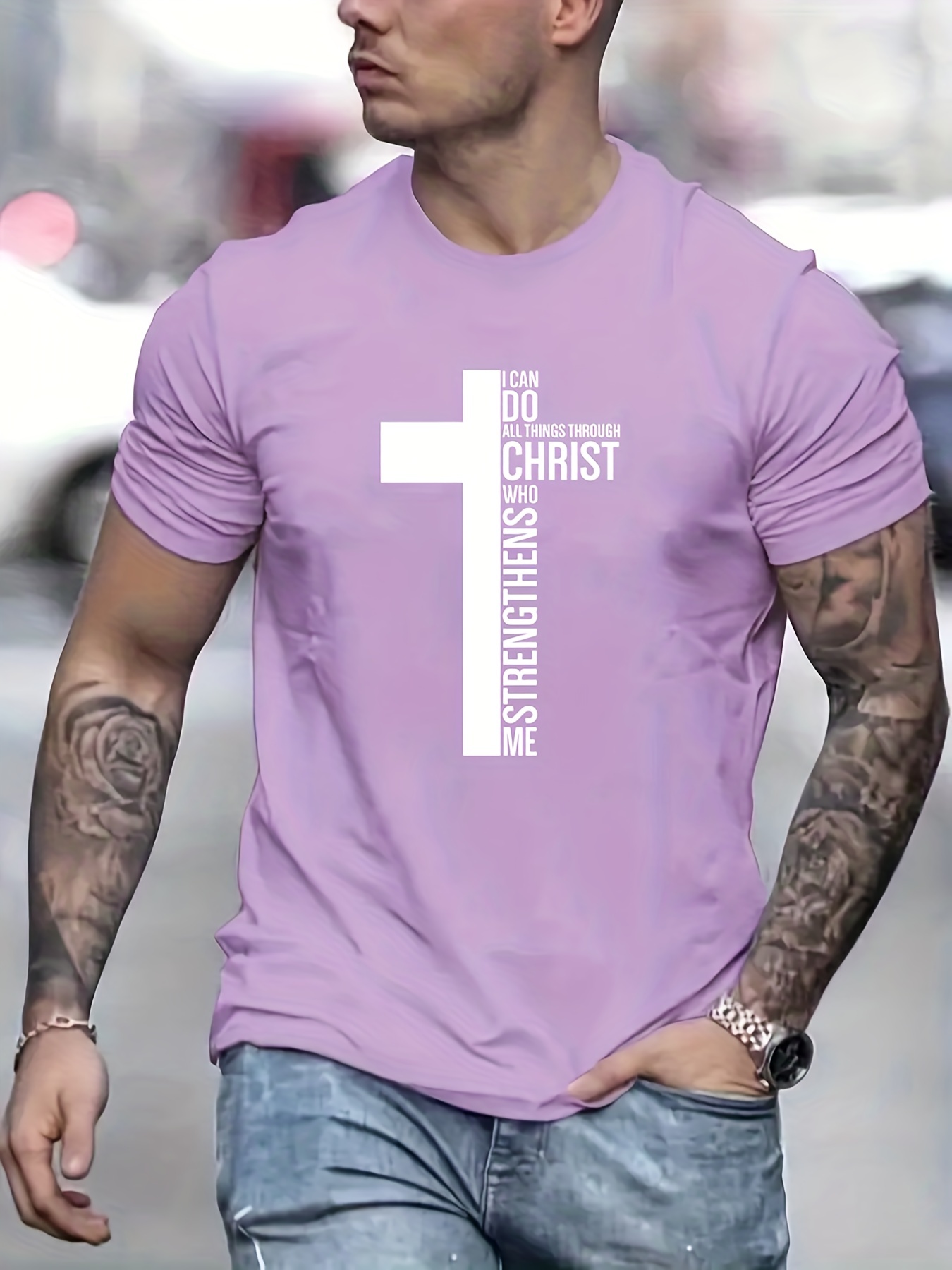 fashion cross graphic print mens creative top casual slightly stretch short sleeve crew neck t shirt mens tee for summer outdoor details 10