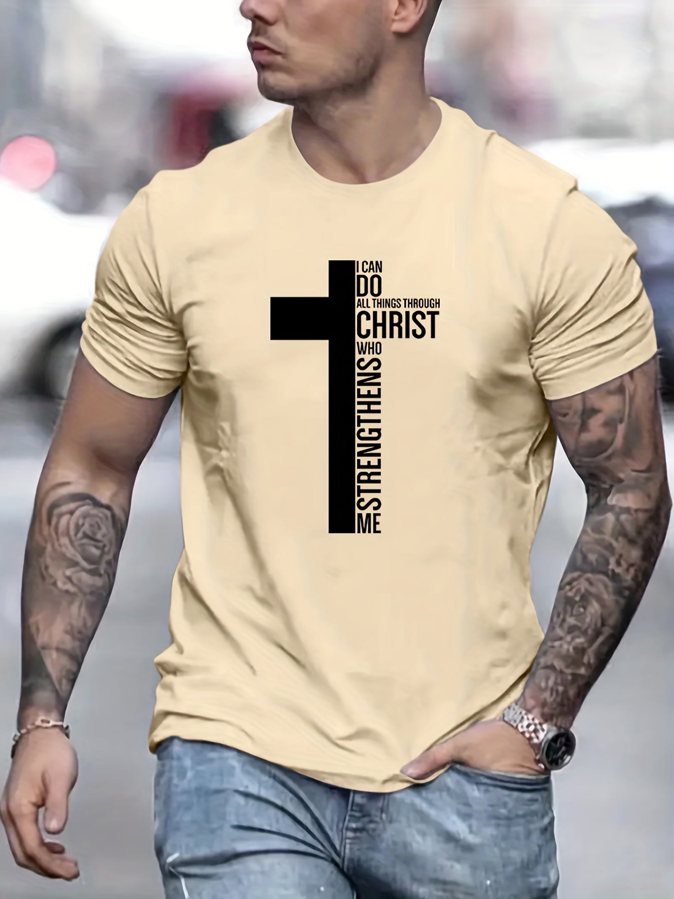 fashion cross graphic print mens creative top casual slightly stretch short sleeve crew neck t shirt mens tee for summer outdoor details 15