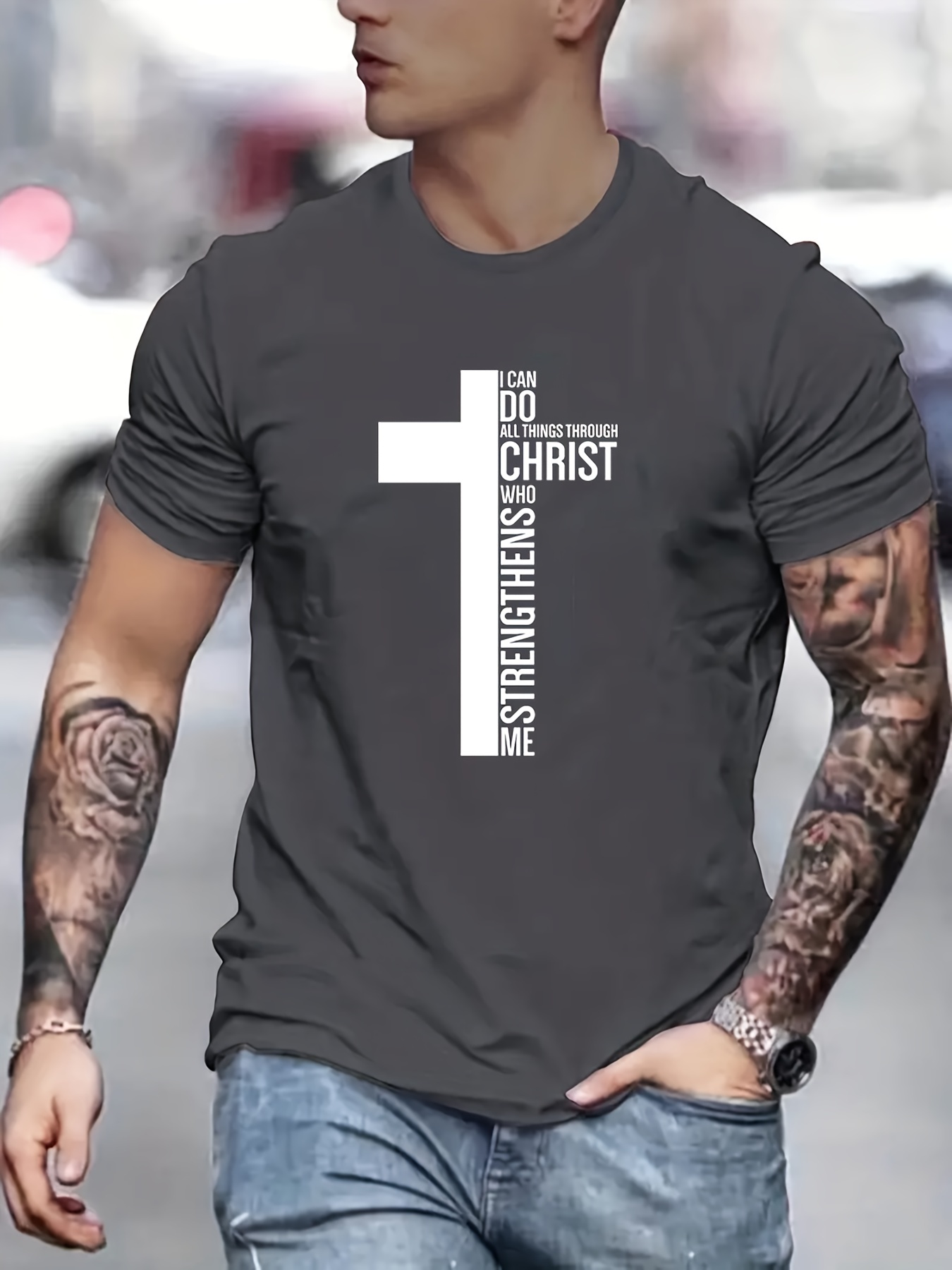 fashion cross graphic print mens creative top casual slightly stretch short sleeve crew neck t shirt mens tee for summer outdoor details 20