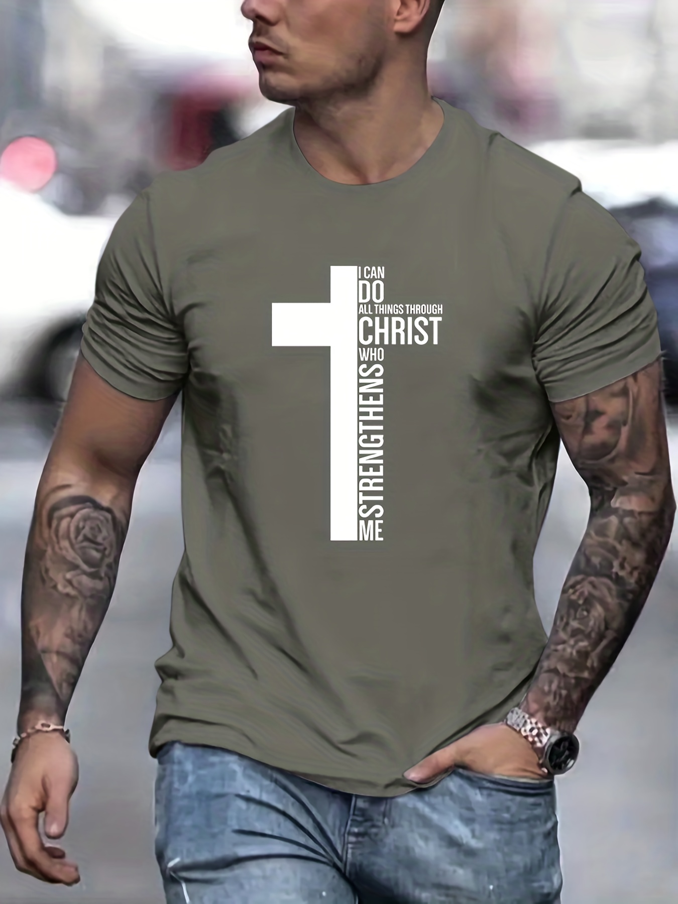 fashion cross graphic print mens creative top casual slightly stretch short sleeve crew neck t shirt mens tee for summer outdoor details 35