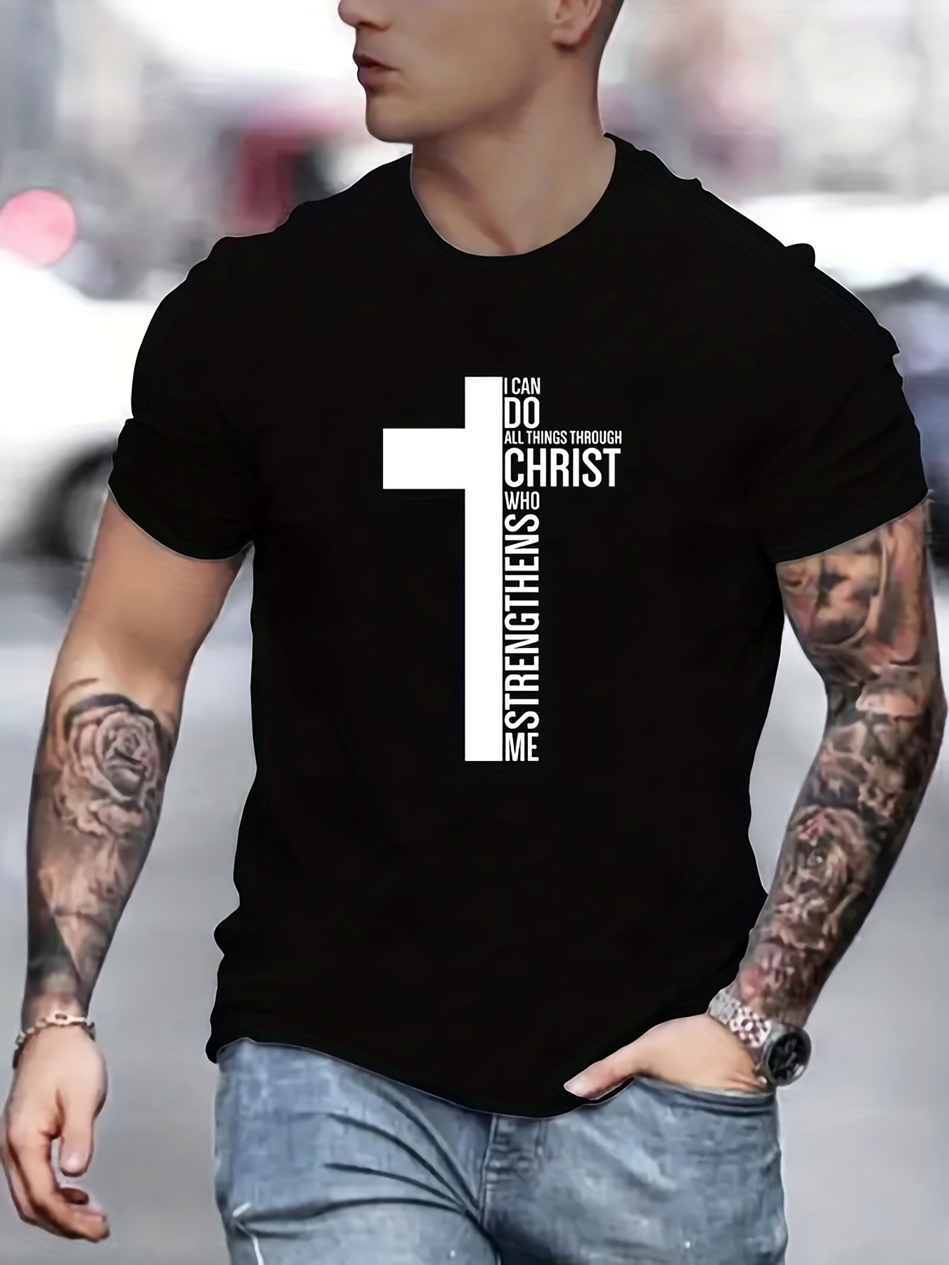 fashion cross graphic print mens creative top casual slightly stretch short sleeve crew neck t shirt mens tee for summer outdoor details 40