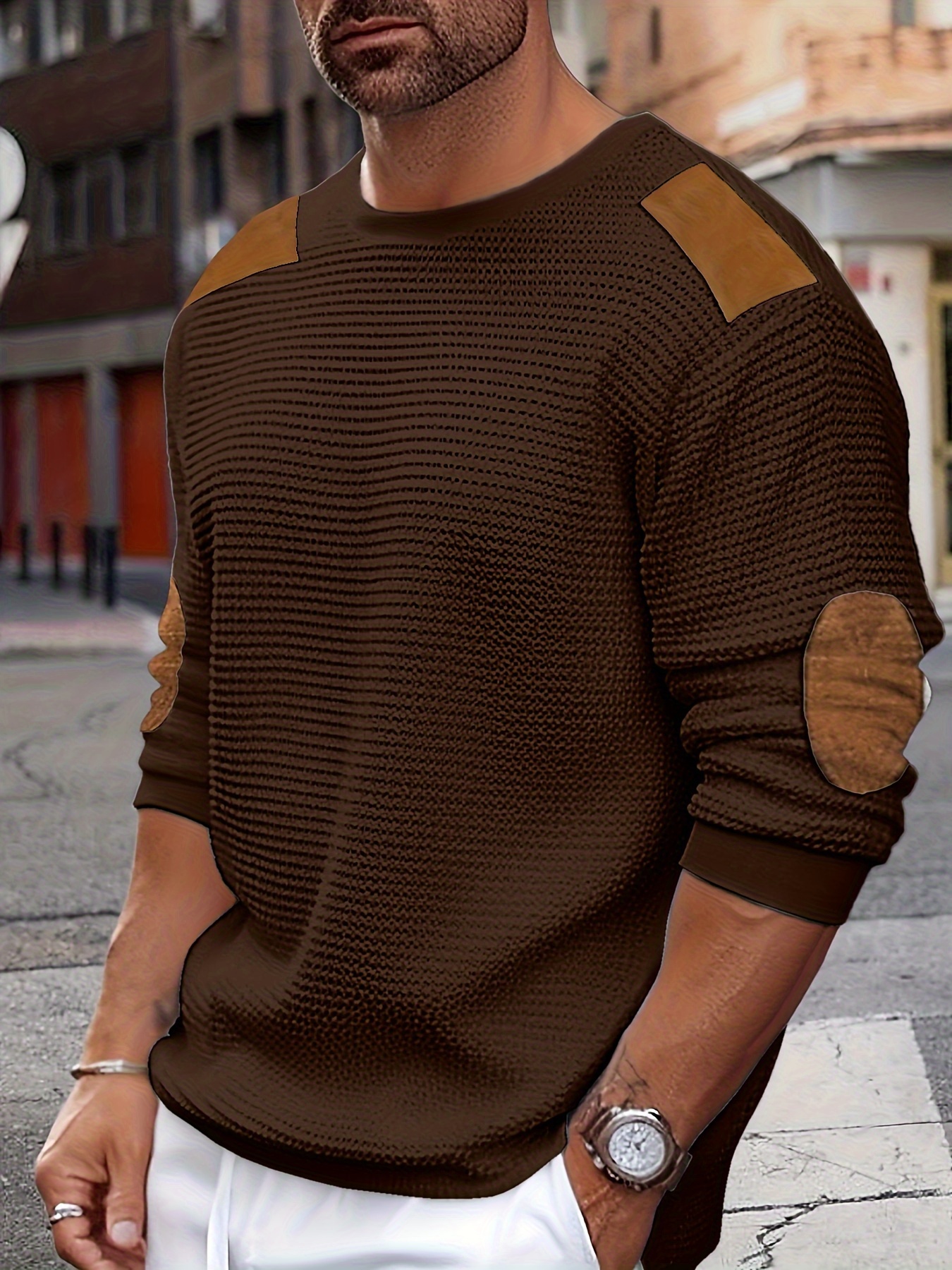 casual color block mens long sleeve knitted round neck t shirt with elbow design spring fall outdoor details 0