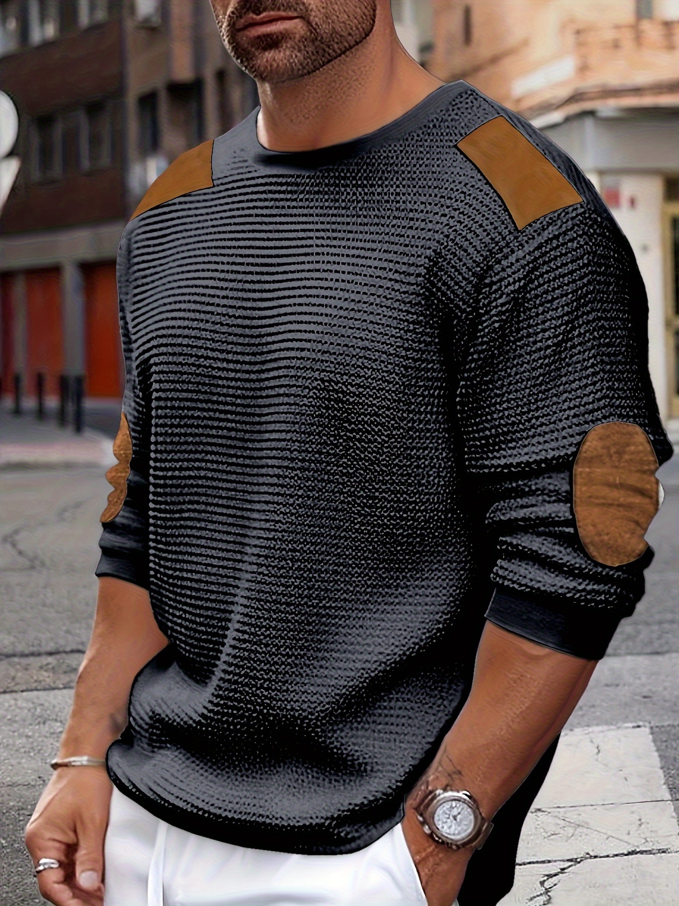 casual color block mens long sleeve knitted round neck t shirt with elbow design spring fall outdoor details 6