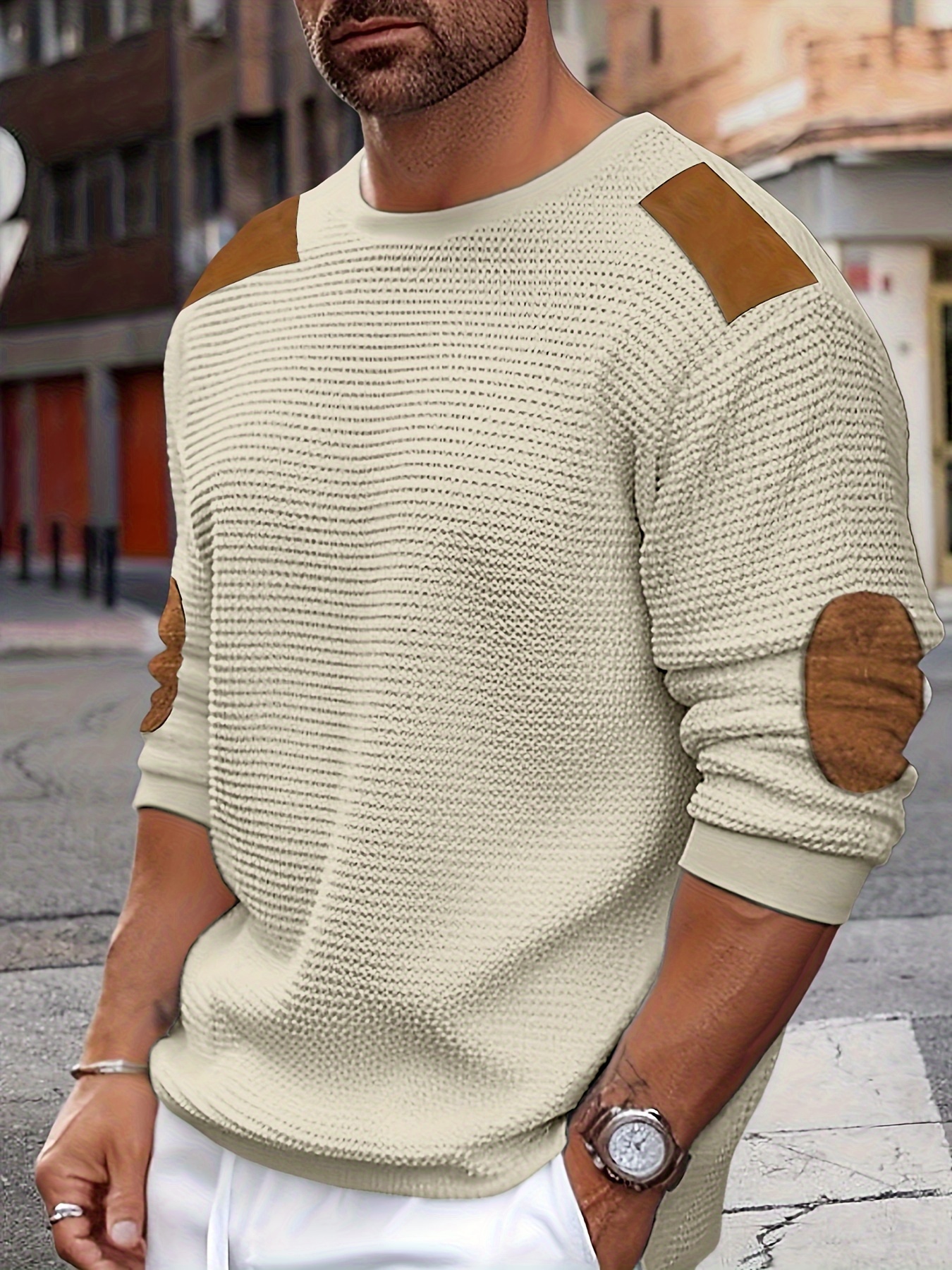 casual color block mens long sleeve knitted round neck t shirt with elbow design spring fall outdoor details 12