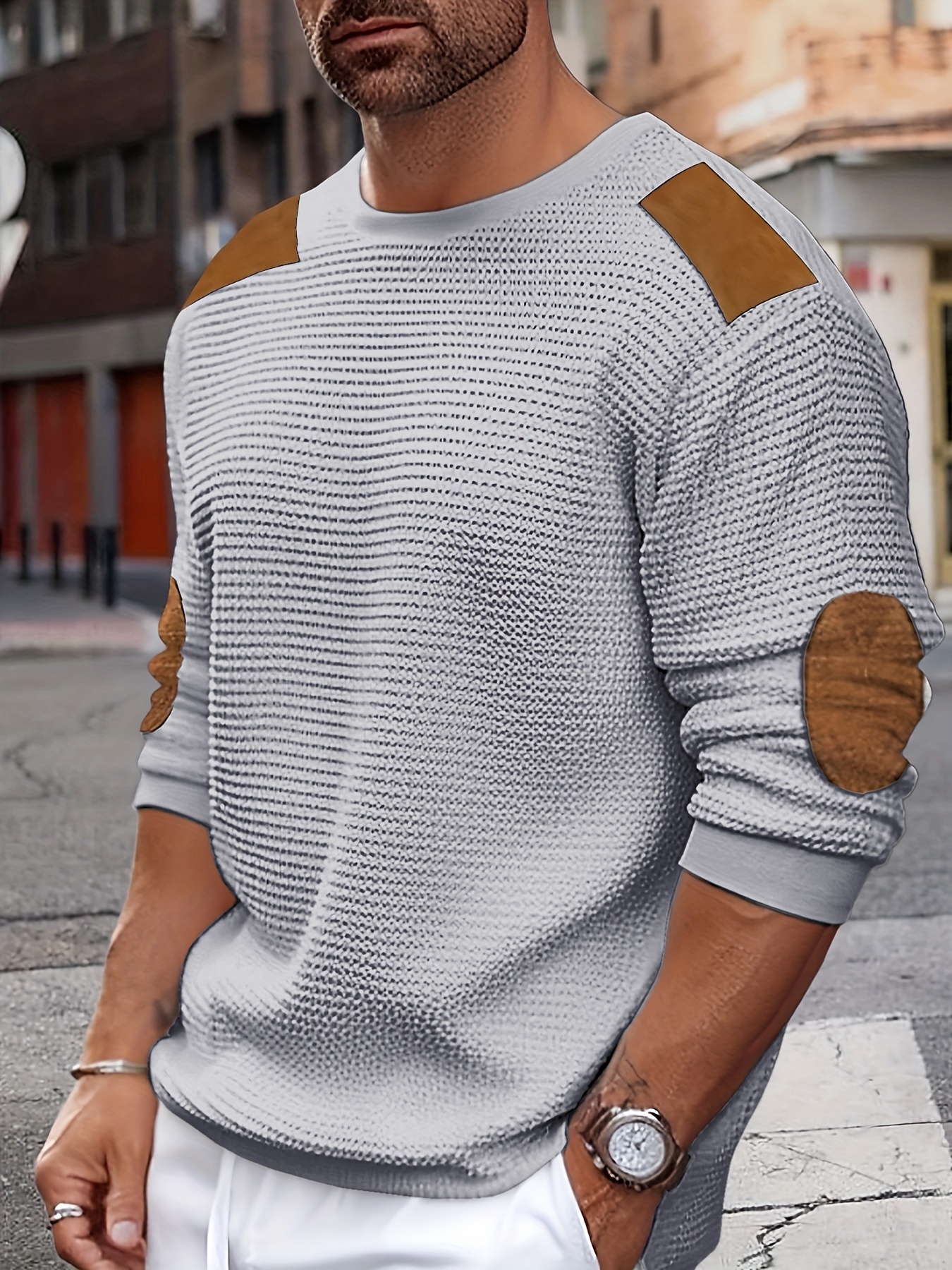 casual color block mens long sleeve knitted round neck t shirt with elbow design spring fall outdoor details 18