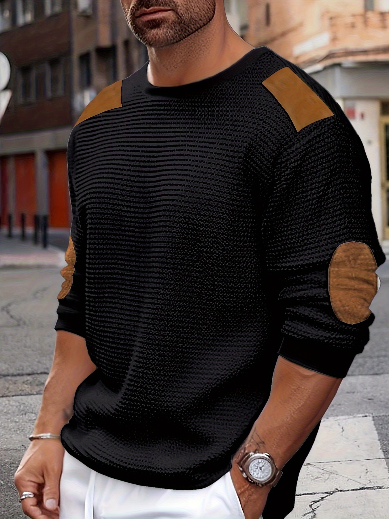 casual color block mens long sleeve knitted round neck t shirt with elbow design spring fall outdoor details 24