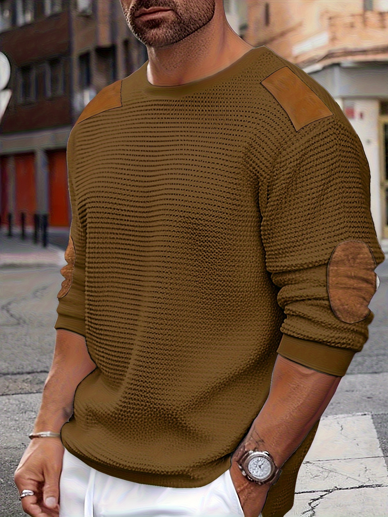 casual color block mens long sleeve knitted round neck t shirt with elbow design spring fall outdoor details 30