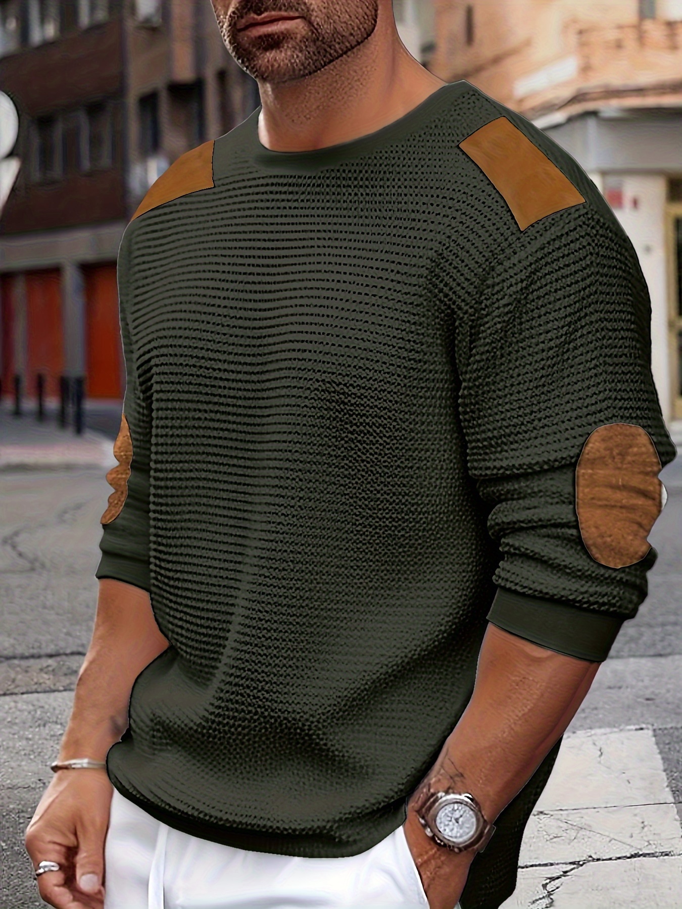 casual color block mens long sleeve knitted round neck t shirt with elbow design spring fall outdoor details 36