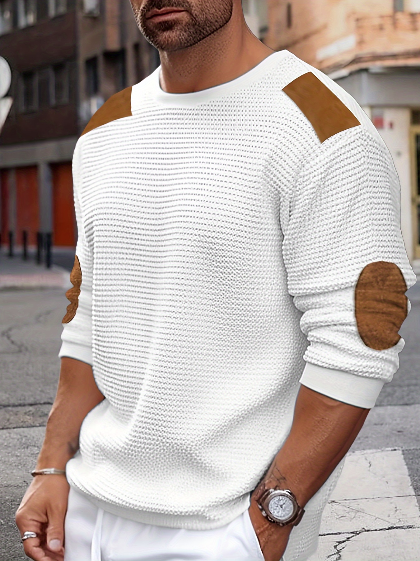 casual color block mens long sleeve knitted round neck t shirt with elbow design spring fall outdoor details 51