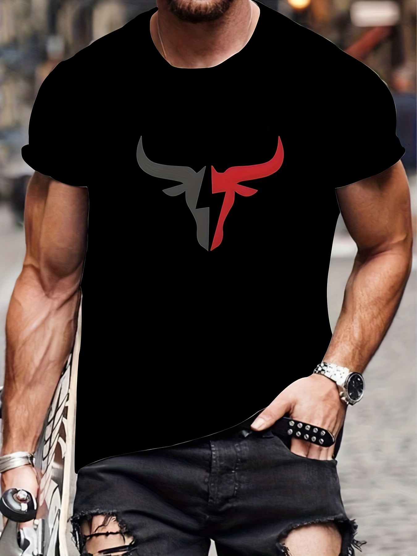 3d color block bull print mens trendy short sleeve crew neck t shirt summer outdoor details 1