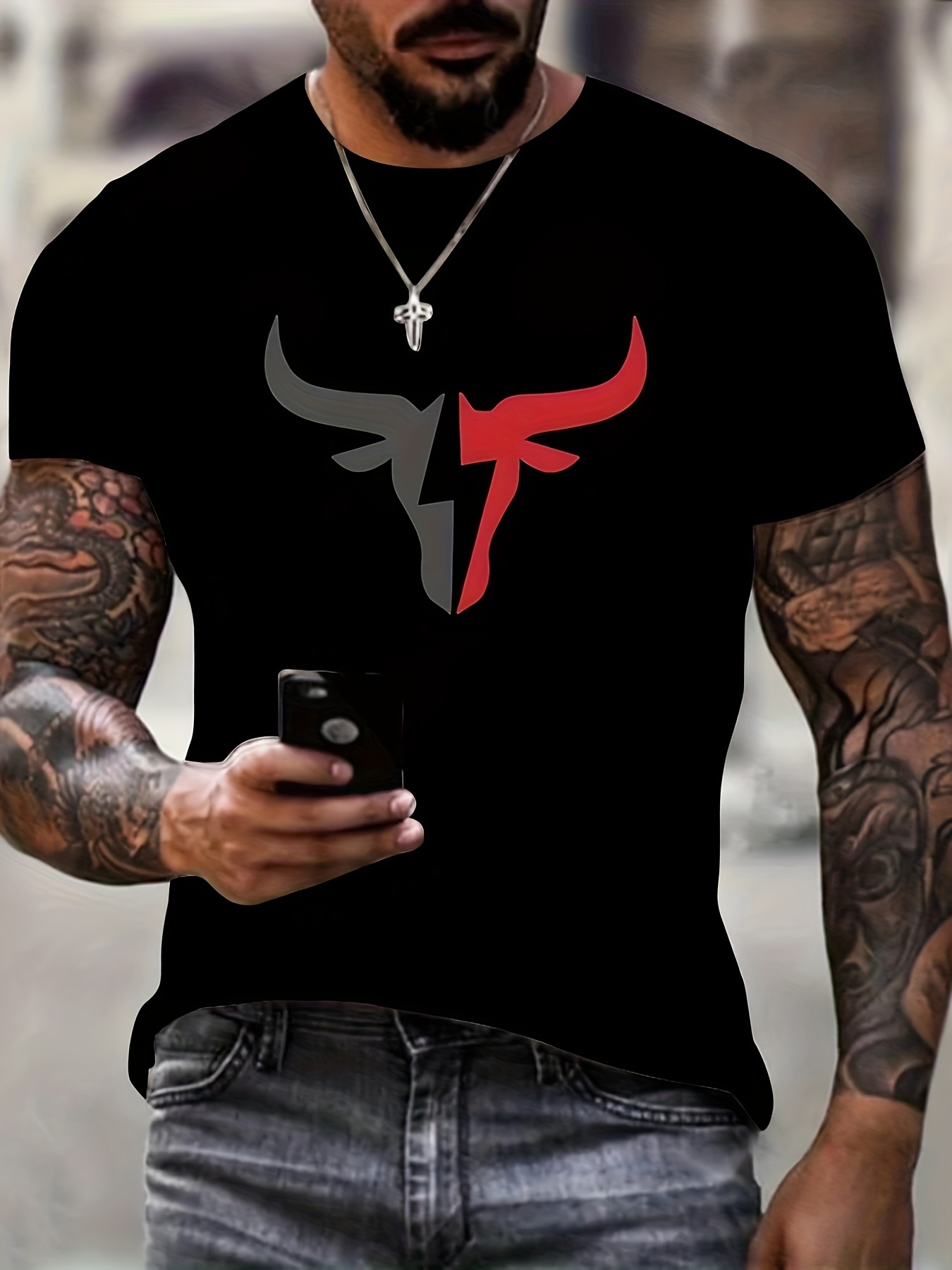 3d color block bull print mens trendy short sleeve crew neck t shirt summer outdoor details 4