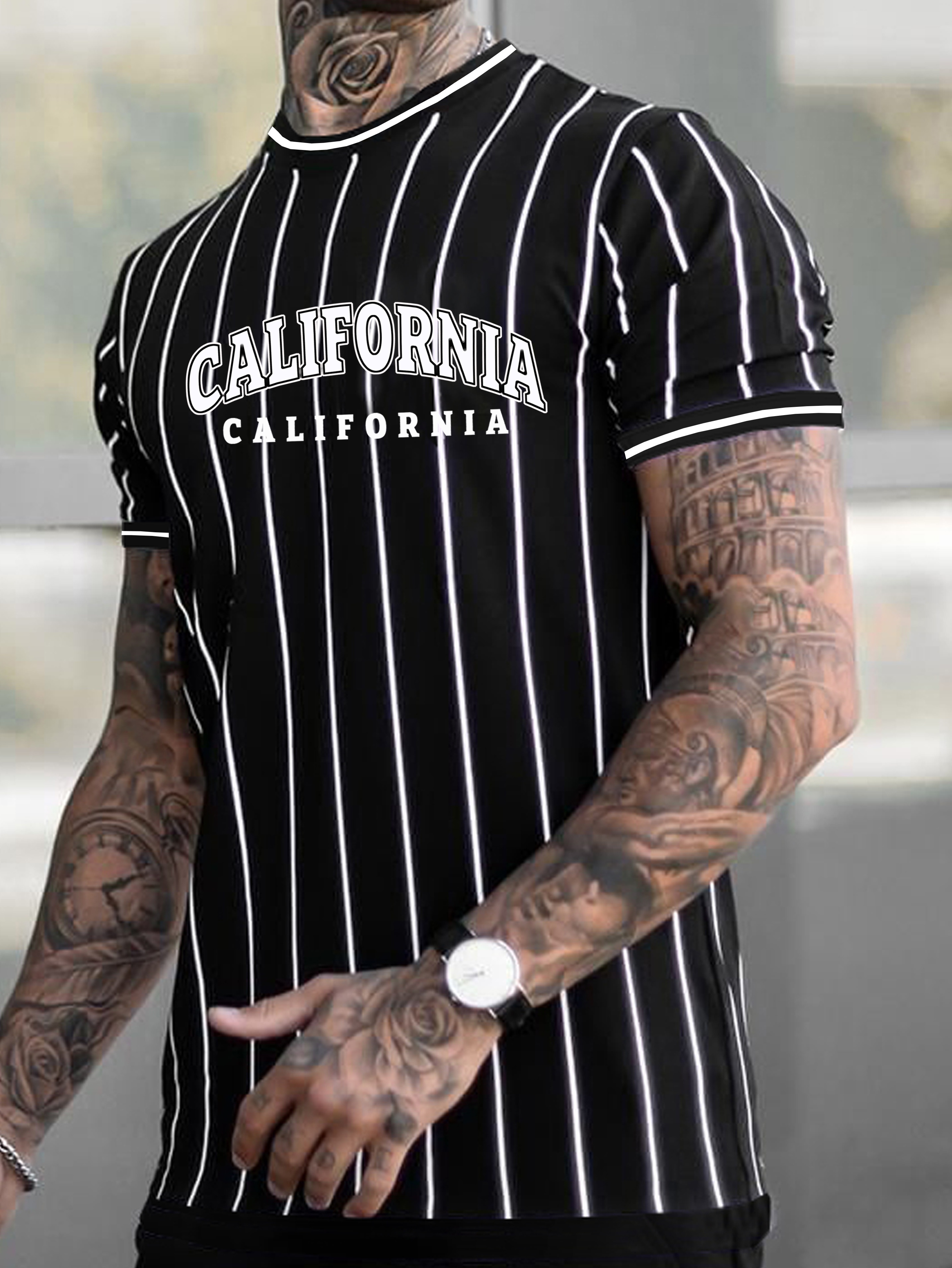 los angeles print striped t shirt mens casual street style stretch round neck tee shirt for summer details 0