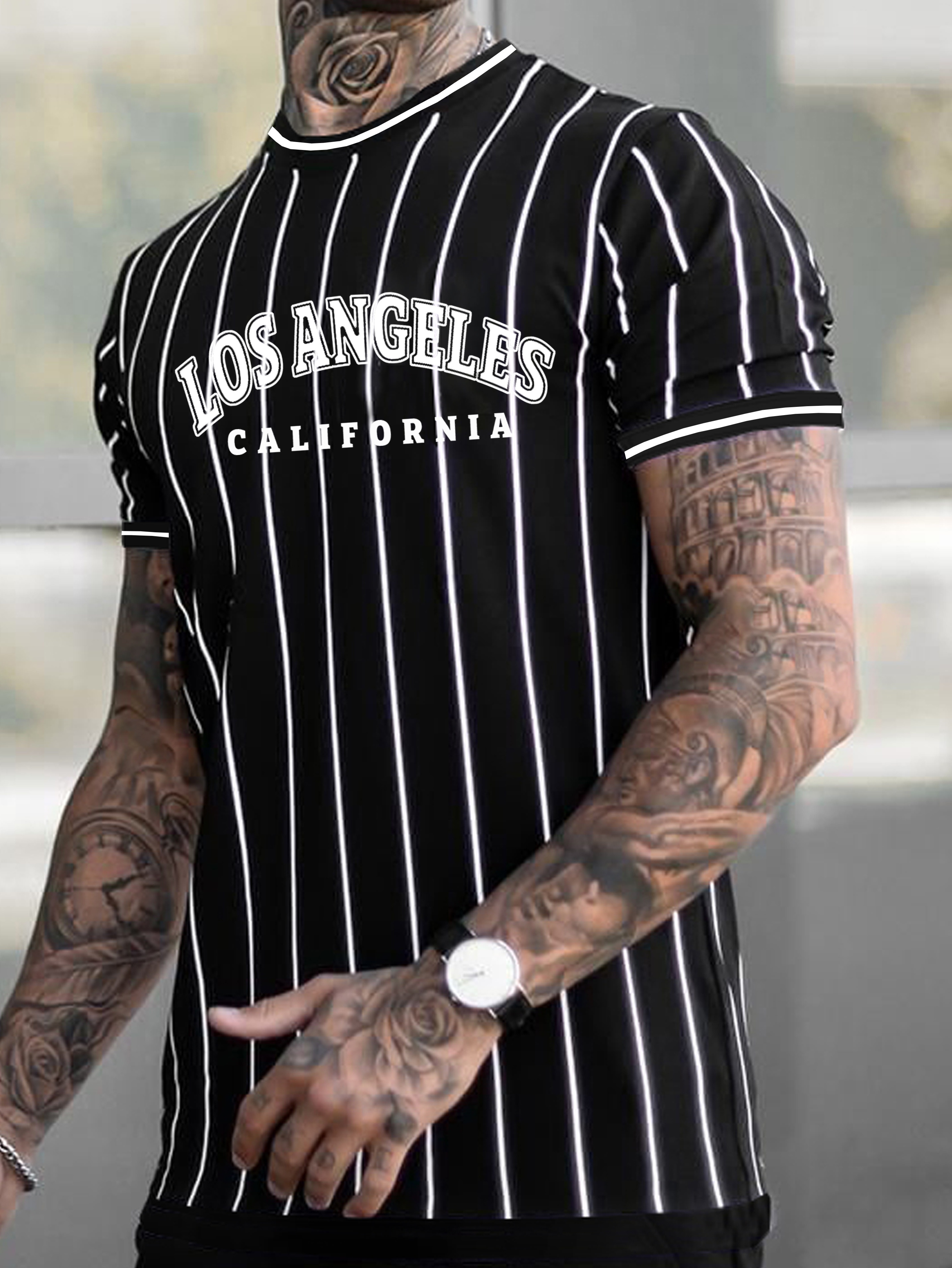 los angeles print striped t shirt mens casual street style stretch round neck tee shirt for summer details 5