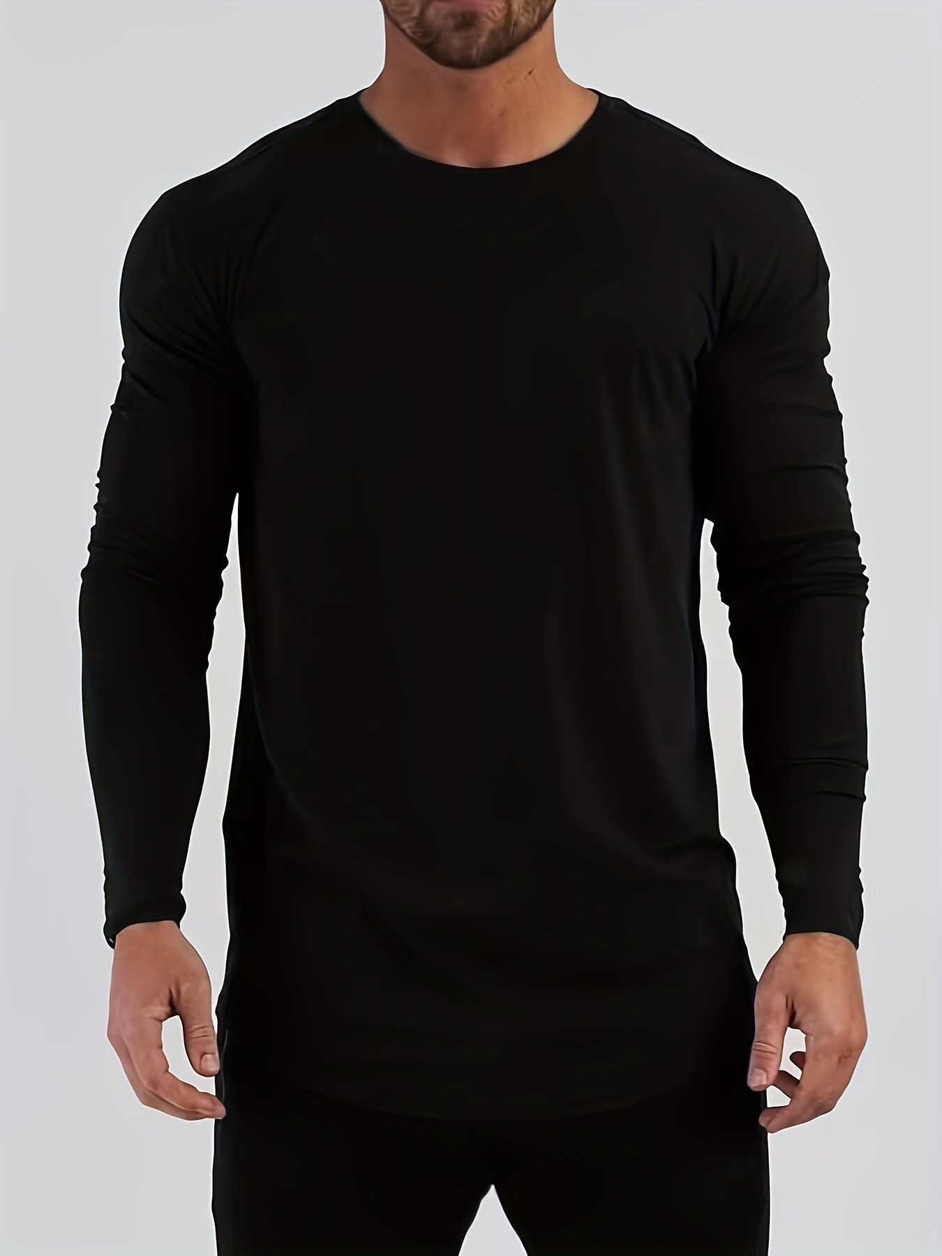 solid color mens long sleeve slim fit round neck t shirt spring fall mens fitness stretch bottoming top details 0