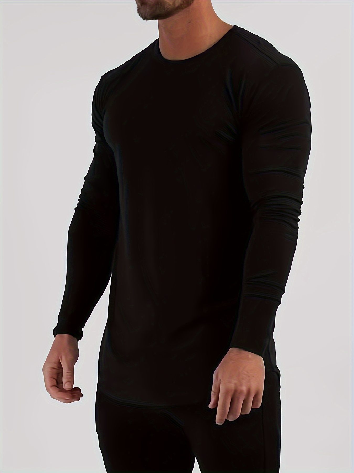 solid color mens long sleeve slim fit round neck t shirt spring fall mens fitness stretch bottoming top details 2