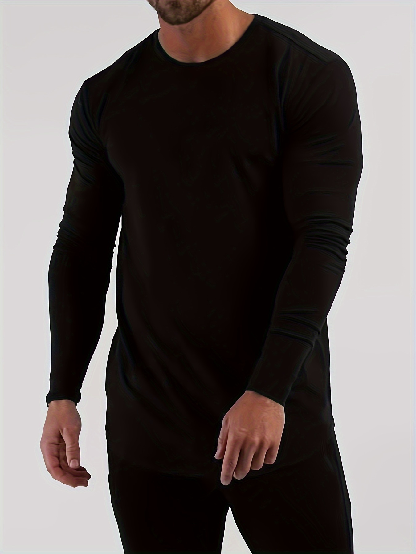 solid color mens long sleeve slim fit round neck t shirt spring fall mens fitness stretch bottoming top details 4