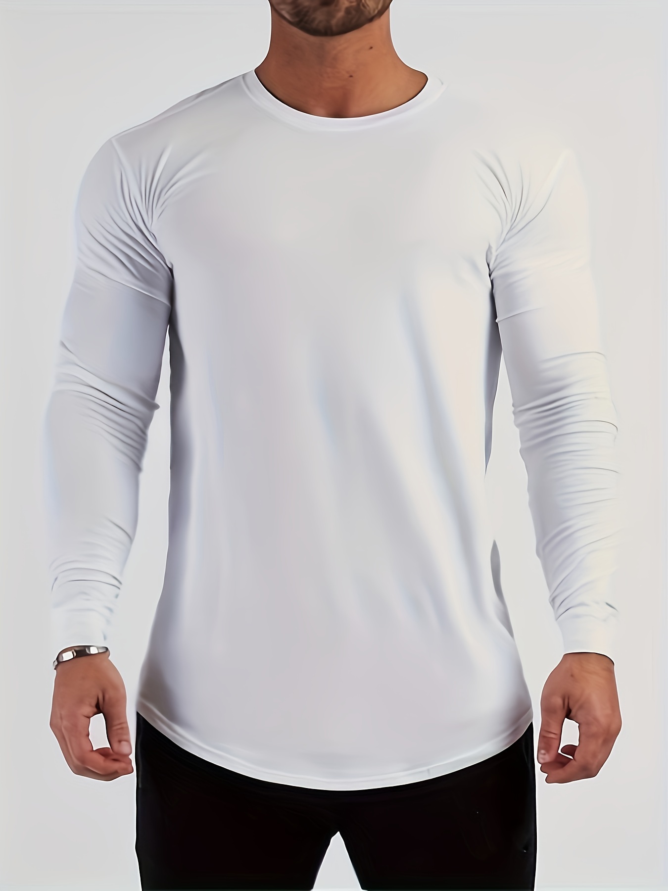 solid color mens long sleeve slim fit round neck t shirt spring fall mens fitness stretch bottoming top details 5