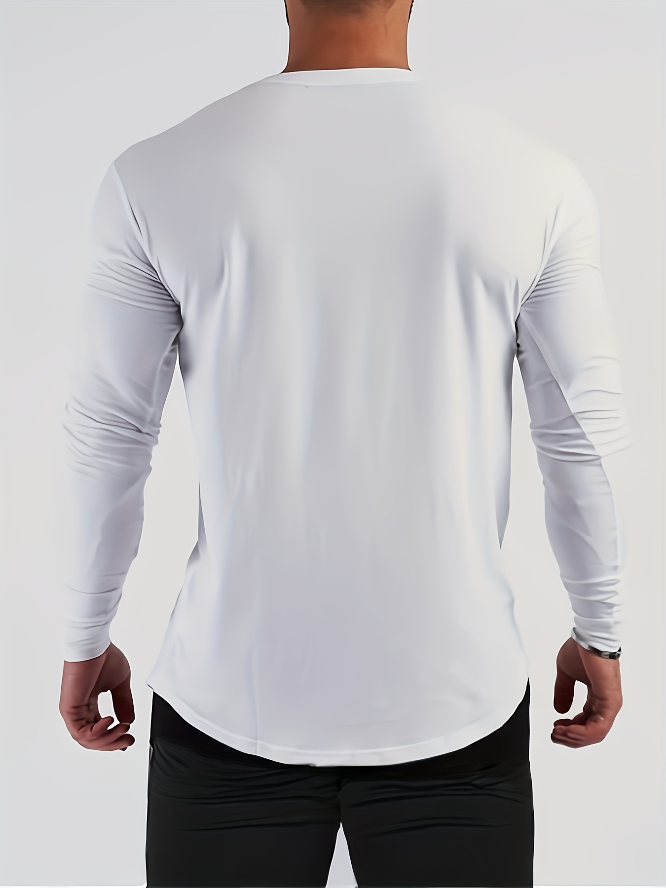 solid color mens long sleeve slim fit round neck t shirt spring fall mens fitness stretch bottoming top details 6