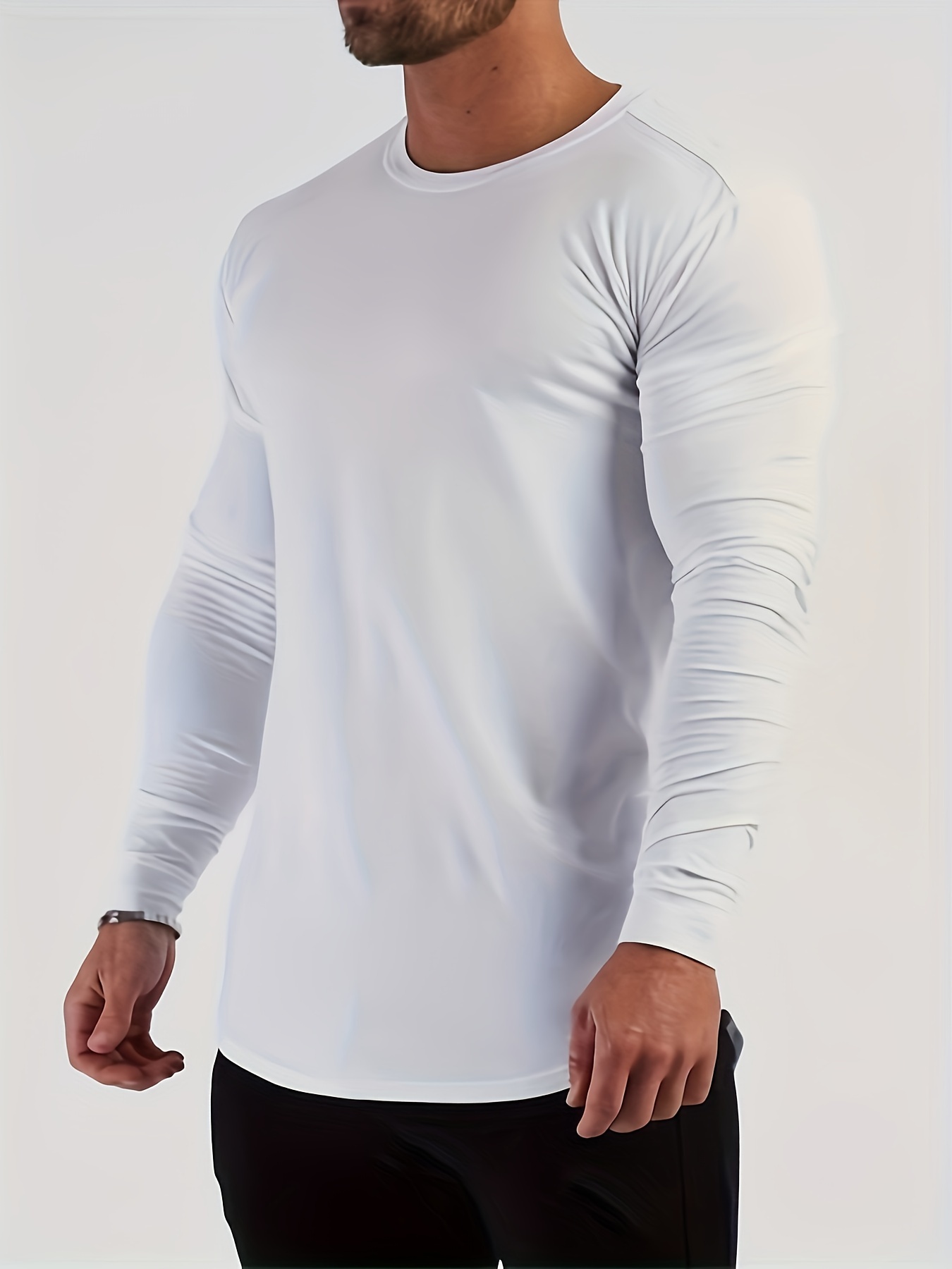 solid color mens long sleeve slim fit round neck t shirt spring fall mens fitness stretch bottoming top details 7