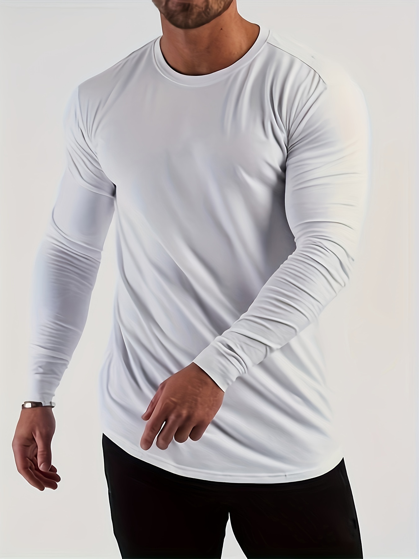 solid color mens long sleeve slim fit round neck t shirt spring fall mens fitness stretch bottoming top details 9