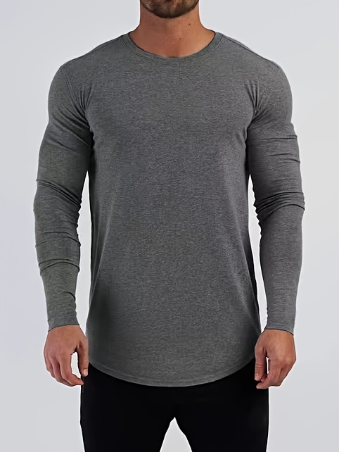 solid color mens long sleeve slim fit round neck t shirt spring fall mens fitness stretch bottoming top details 10