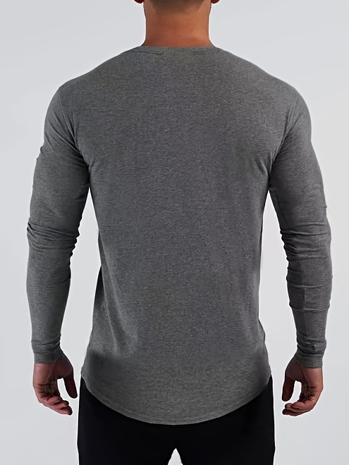 solid color mens long sleeve slim fit round neck t shirt spring fall mens fitness stretch bottoming top details 11