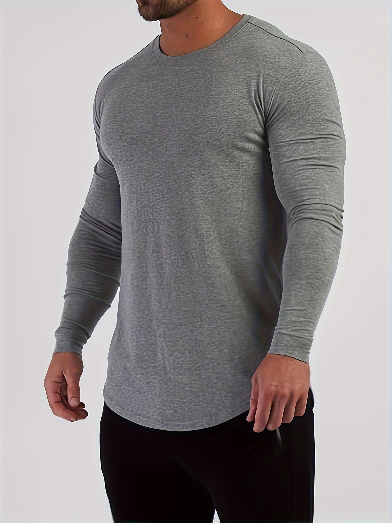 solid color mens long sleeve slim fit round neck t shirt spring fall mens fitness stretch bottoming top details 12