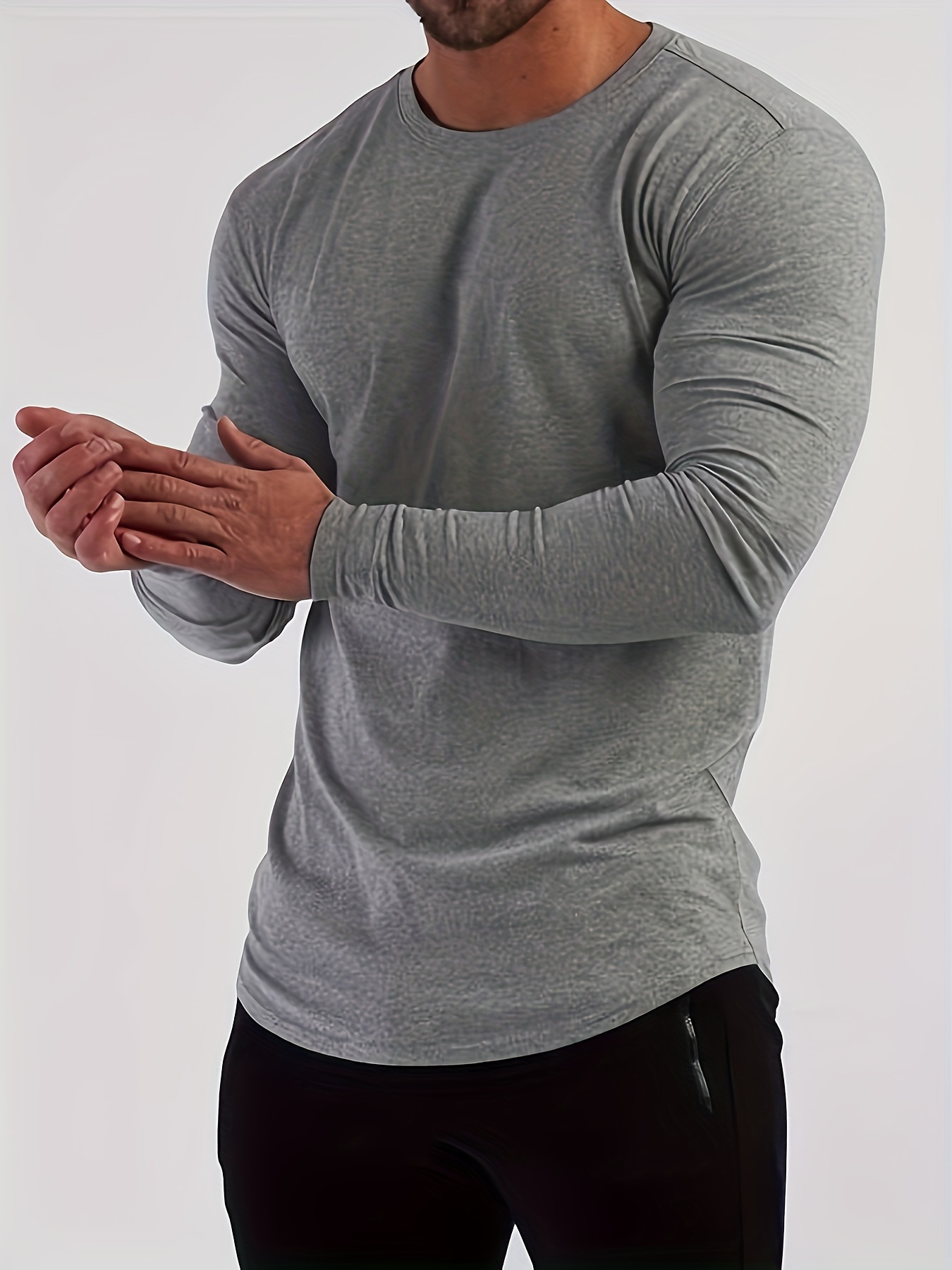 solid color mens long sleeve slim fit round neck t shirt spring fall mens fitness stretch bottoming top details 13