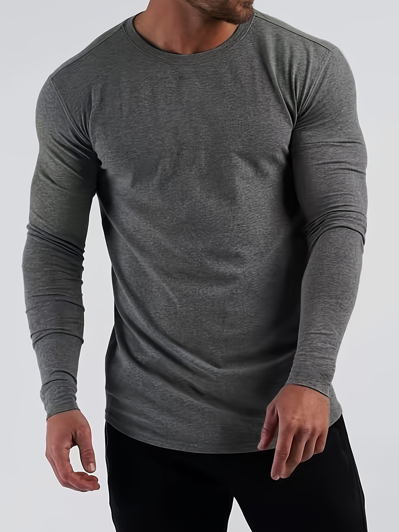 solid color mens long sleeve slim fit round neck t shirt spring fall mens fitness stretch bottoming top details 14