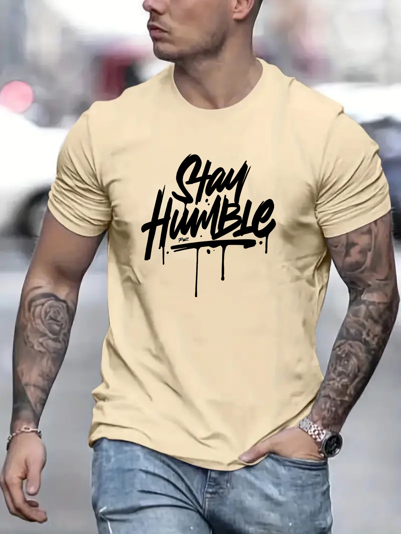 mens stay humble graphic short sleeve t shirt comfy stretchy trendy tees for summer casual daily style fashion clothing details 5