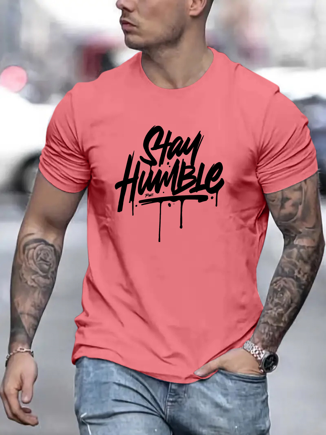 mens stay humble graphic short sleeve t shirt comfy stretchy trendy tees for summer casual daily style fashion clothing details 10