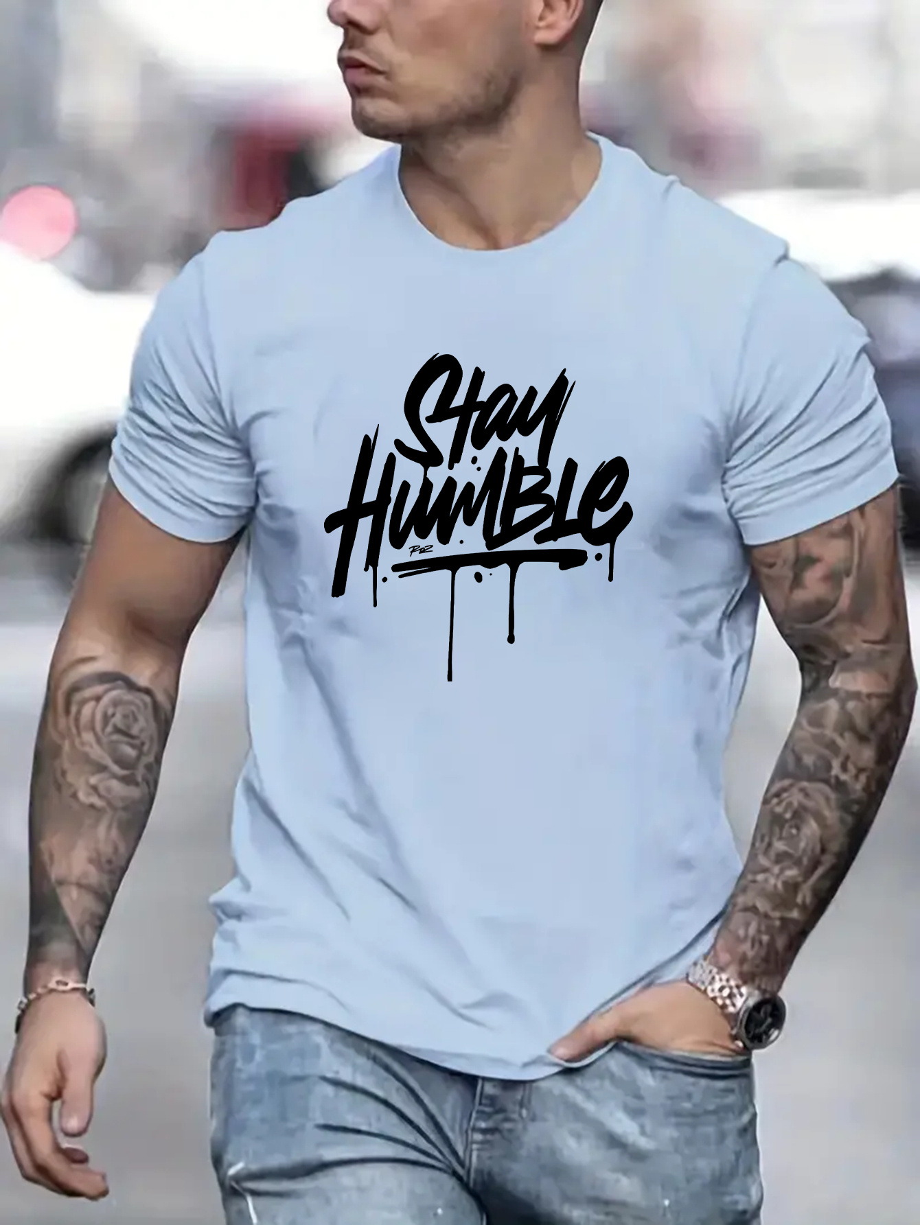 mens stay humble graphic short sleeve t shirt comfy stretchy trendy tees for summer casual daily style fashion clothing details 20