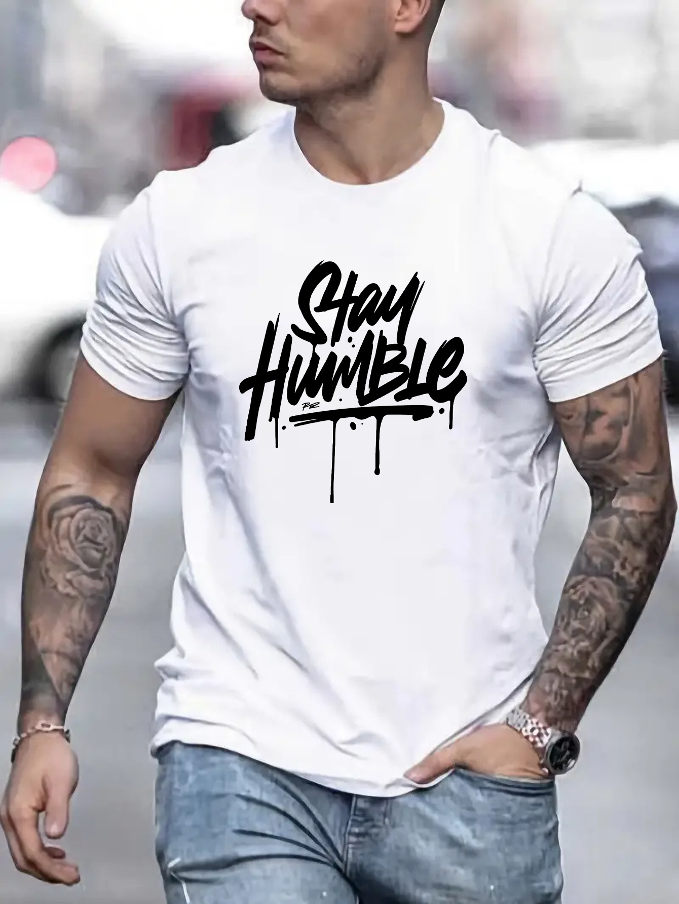 mens stay humble graphic short sleeve t shirt comfy stretchy trendy tees for summer casual daily style fashion clothing details 45