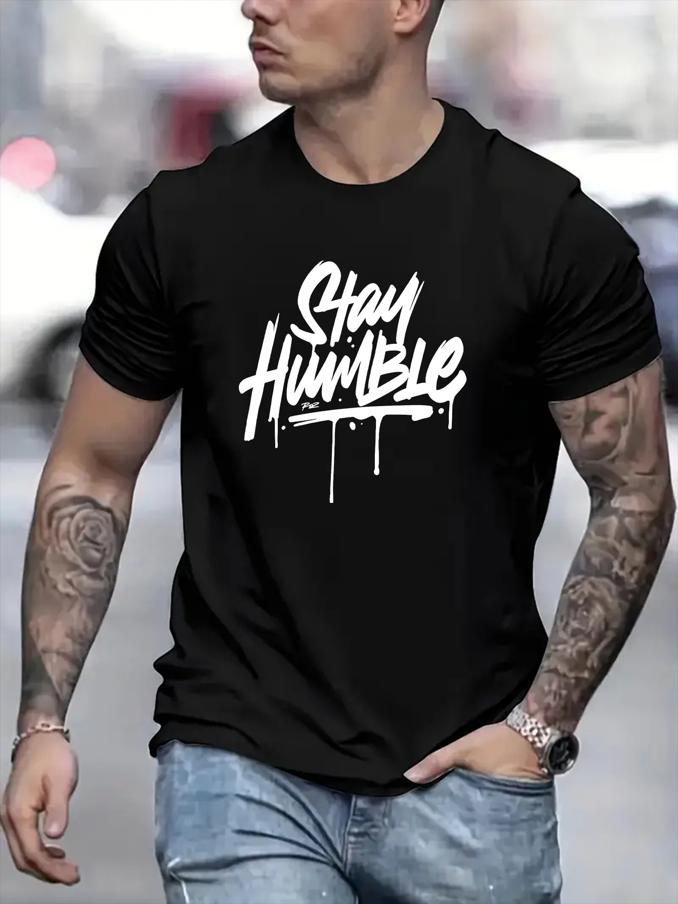 mens stay humble graphic short sleeve t shirt comfy stretchy trendy tees for summer casual daily style fashion clothing details 50