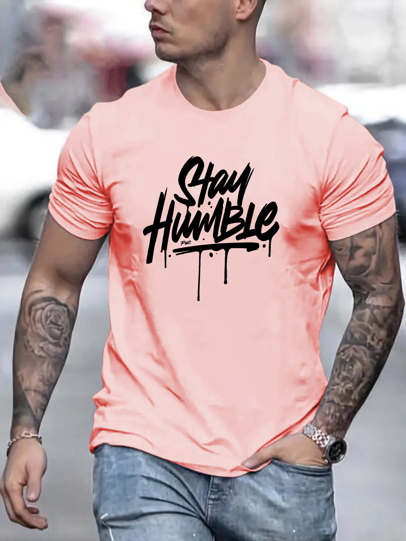 mens stay humble graphic short sleeve t shirt comfy stretchy trendy tees for summer casual daily style fashion clothing details 56