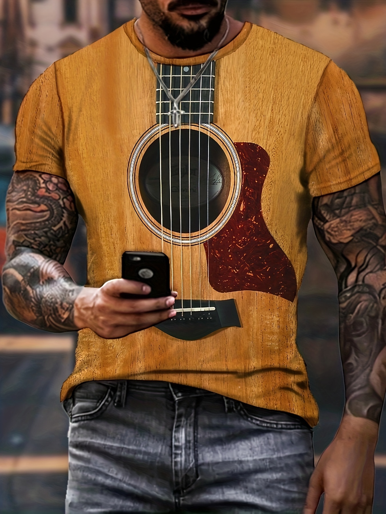 3d guitar print mens t shirt for summer outdoor mens vintage crew neck tops details 1