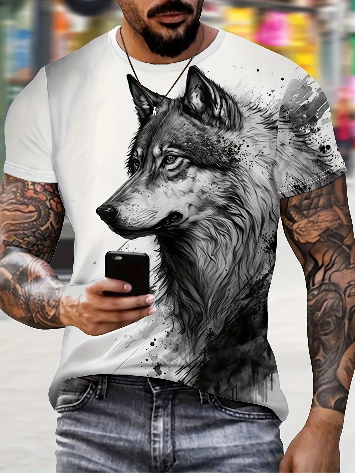 anime cool wolf digital print mens fashion short sleeve crew neck t shirt summer outdoor as gifts details 0