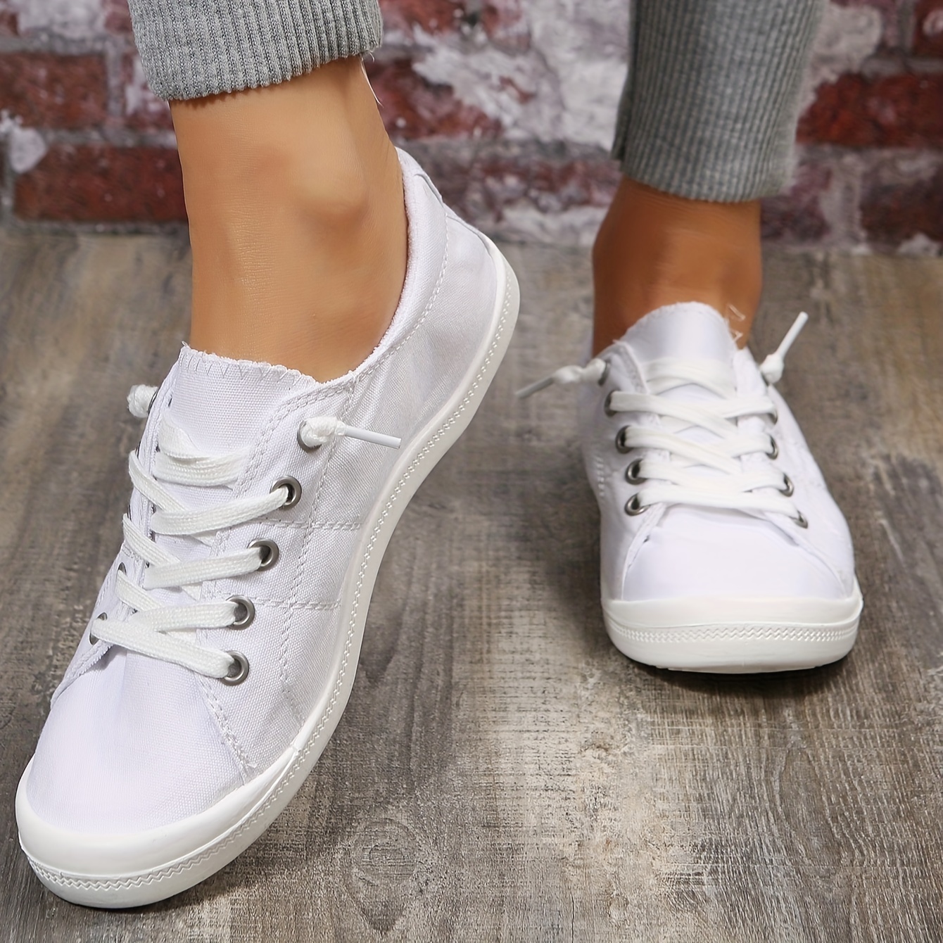 womens solid color canvas shoes casual lace up outdoor shoes lightweight low top white shoes details 1