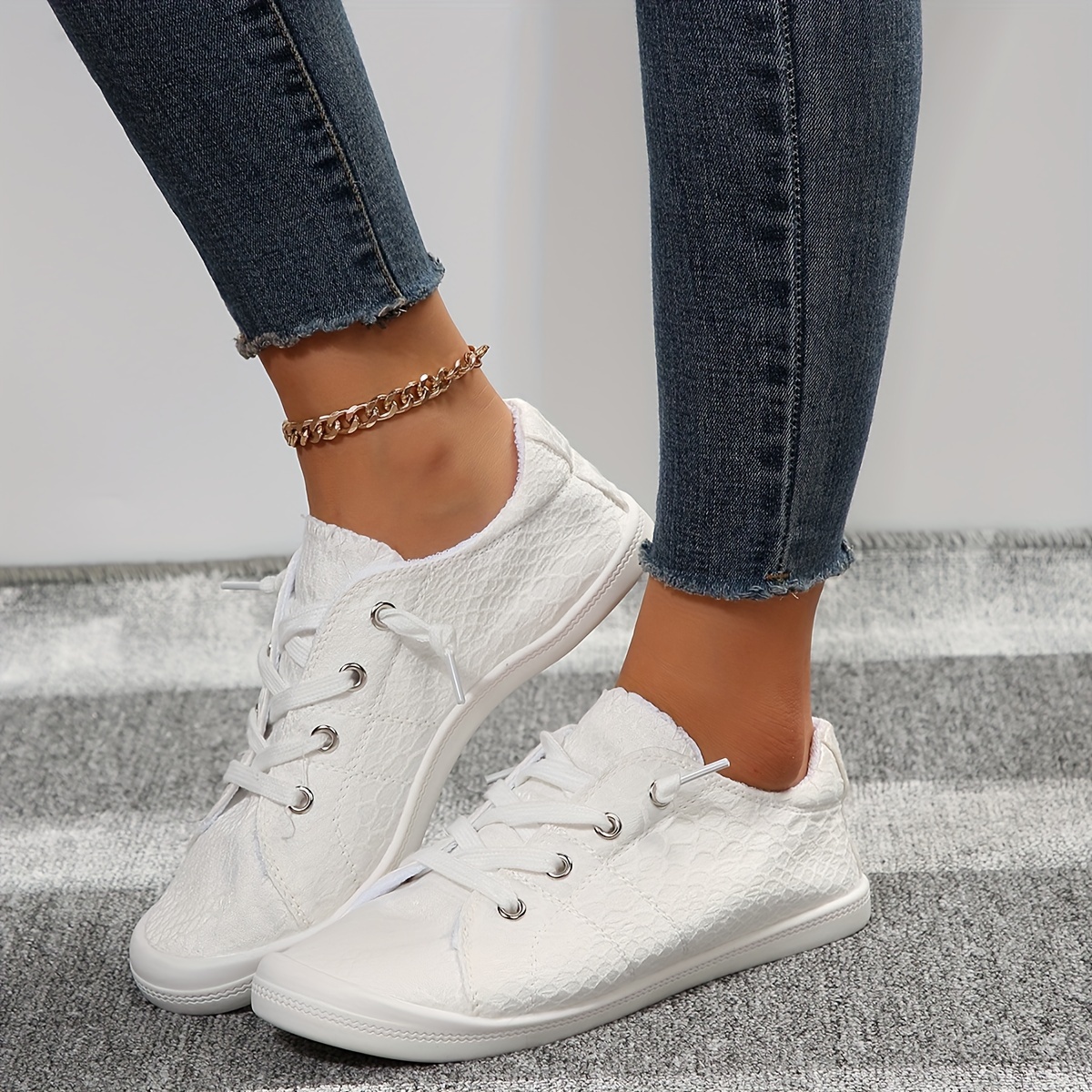 womens solid color canvas shoes casual lace up outdoor shoes lightweight low top white shoes details 2