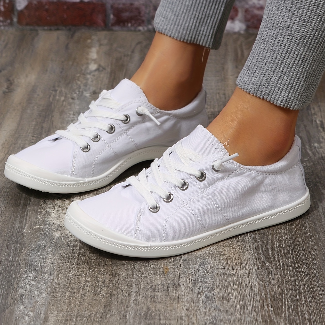 womens solid color canvas shoes casual lace up outdoor shoes lightweight low top white shoes details 3