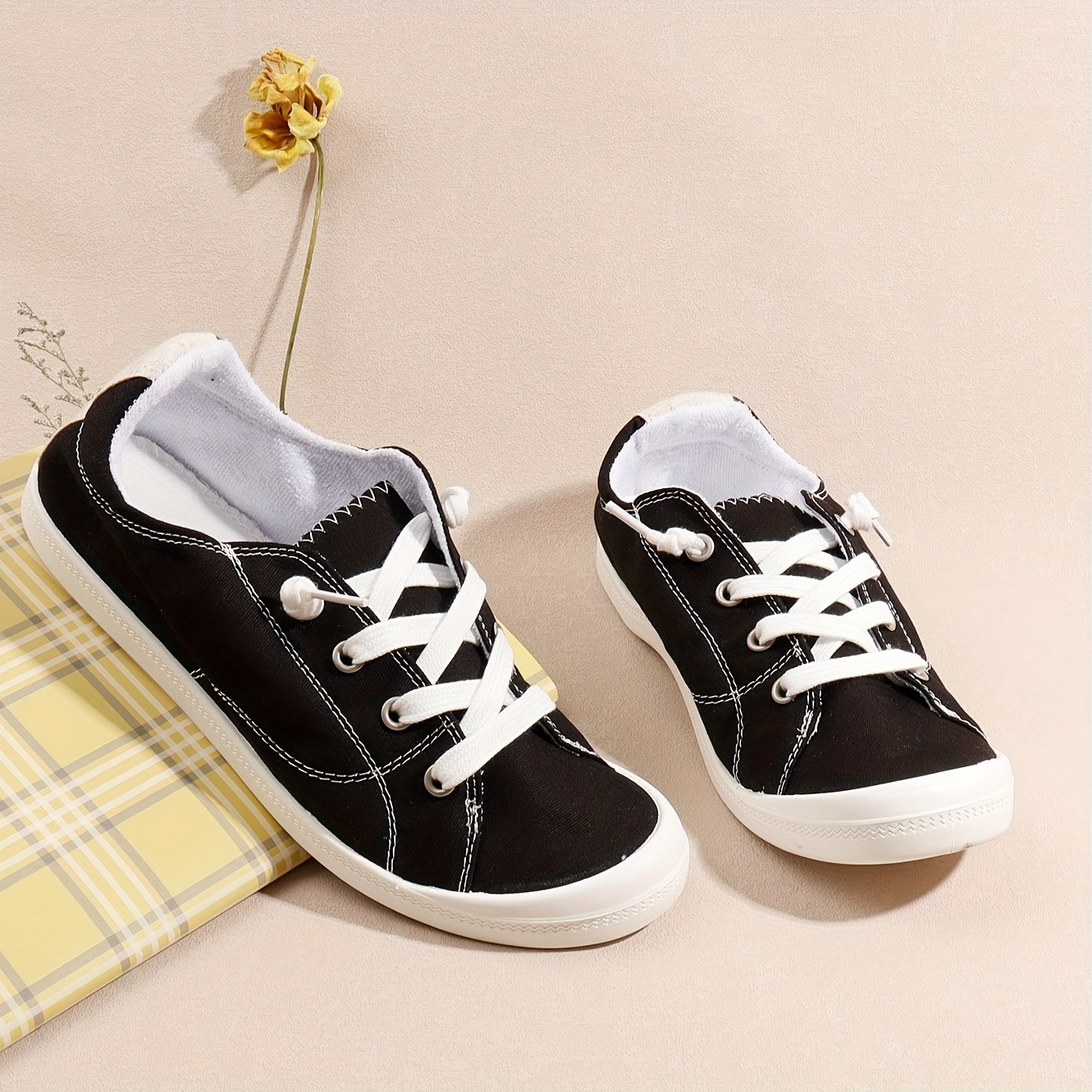 womens solid color canvas shoes casual lace up outdoor shoes lightweight low top white shoes details 4