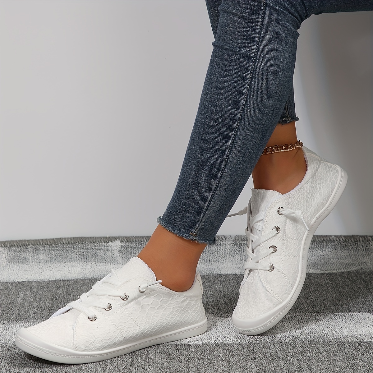 womens solid color canvas shoes casual lace up outdoor shoes lightweight low top white shoes details 5