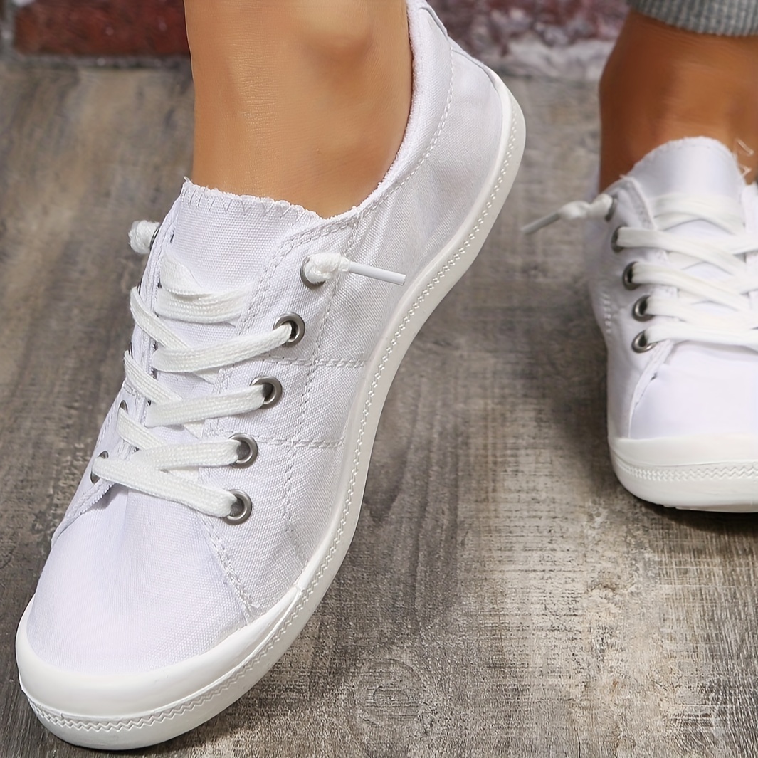 womens solid color canvas shoes casual lace up outdoor shoes lightweight low top white shoes details 6