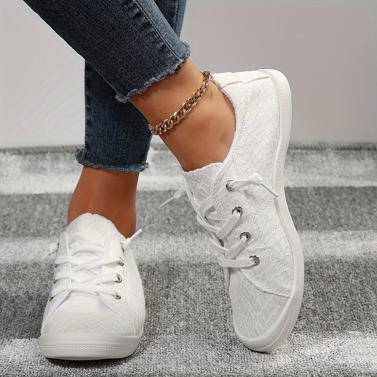 womens solid color canvas shoes casual lace up outdoor shoes lightweight low top white shoes details 7