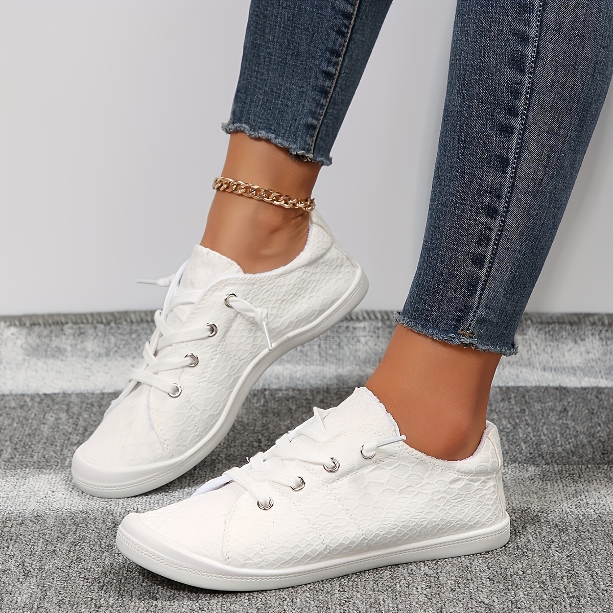 womens solid color canvas shoes casual lace up outdoor shoes lightweight low top white shoes details 9