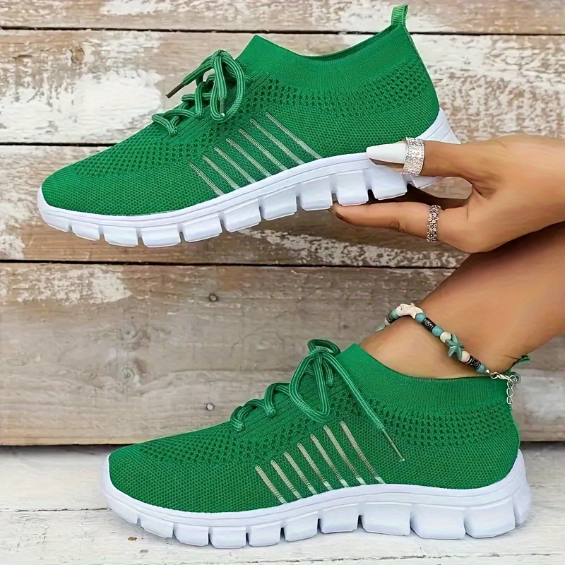 womens knitted sneakers breathable lace up flat running trainers lightweight outdoor gym shoes details 5