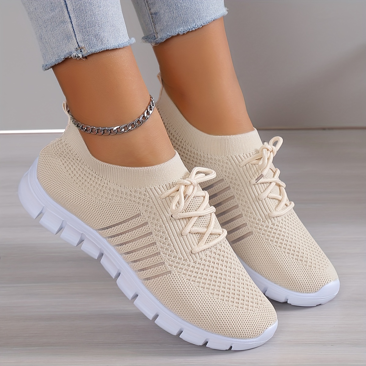 womens knitted sneakers breathable lace up flat running trainers lightweight outdoor gym shoes details 6