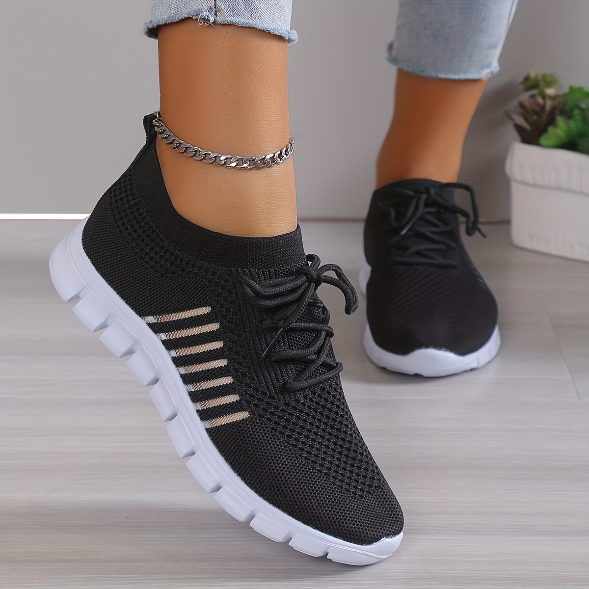 womens knitted sneakers breathable lace up flat running trainers lightweight outdoor gym shoes details 7