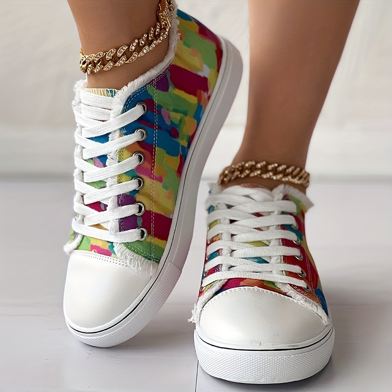 womens colorful canvas sneakers fashion lace up low top walking shoes versatile flat sneakers details 3